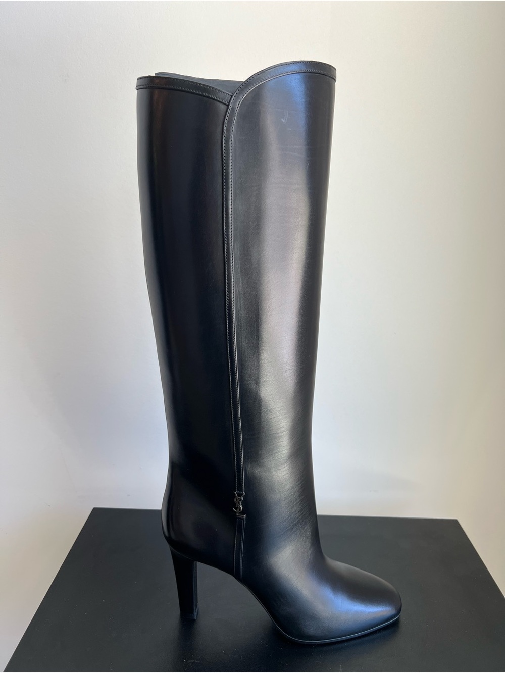 Saint Laurent Jane Monogram Black Leather Knee High Boots EU 39